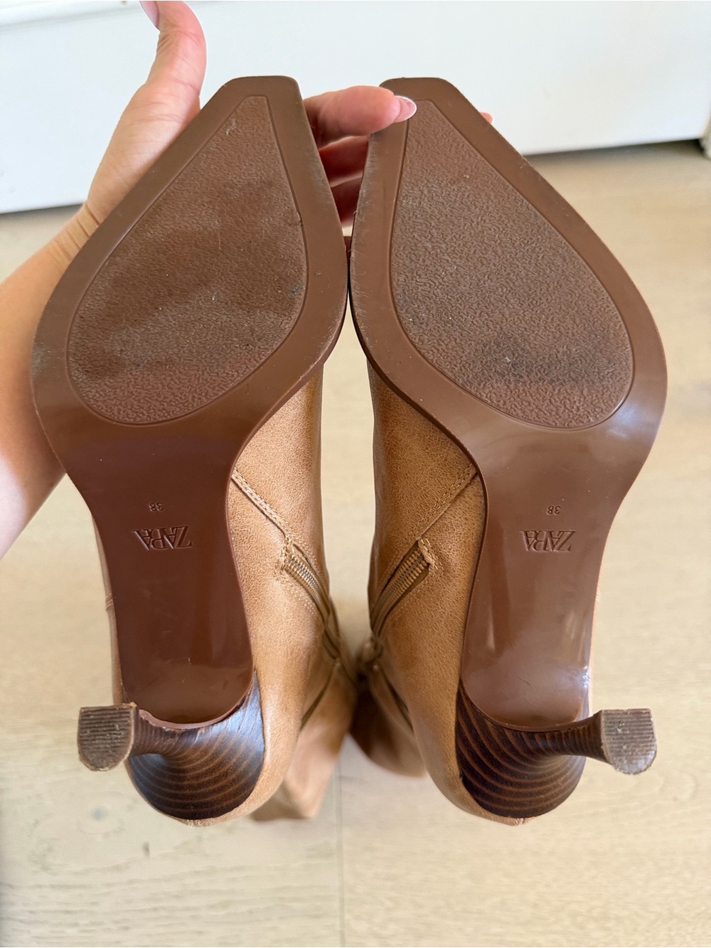 Zara Camel Tan Knee-High Pointed-Toe Heeled Boots - Picture 11 of 14